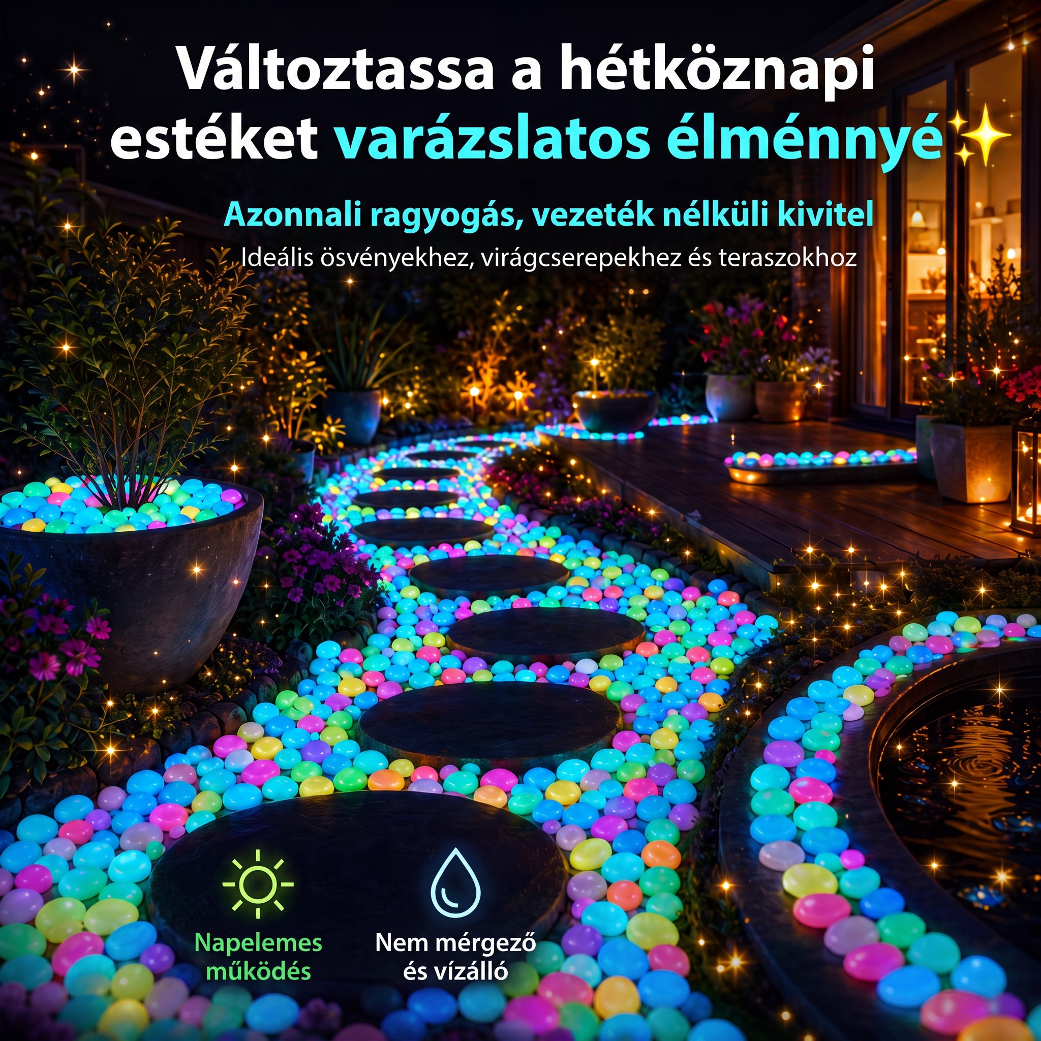 PKNEW® Fényre töltődő világító kerti kövek 👑 – színes éjszakai ragyogás kábelek és elemek nélkül, vízálló dekoráció ösvényekhez, virágcseréphez, ágyásokhoz, teraszhoz és medencék környékére 💎