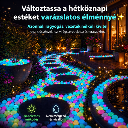 PKNEW® Fényre töltődő világító kerti kövek 👑 – színes éjszakai ragyogás kábelek és elemek nélkül, vízálló dekoráció ösvényekhez, virágcseréphez, ágyásokhoz, teraszhoz és medencék környékére 💎