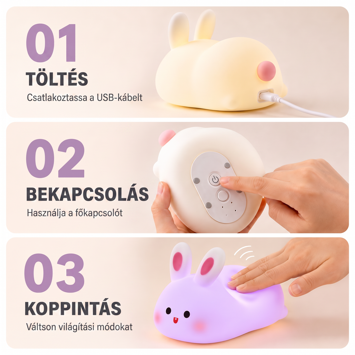 PKNEW® 7 színű érintős szilikon éjszakai lámpa alváshoz 🌙 – Kellemes tapintású, USB-ről tölthető, nyuszi és panda változatban is elérhető 💕