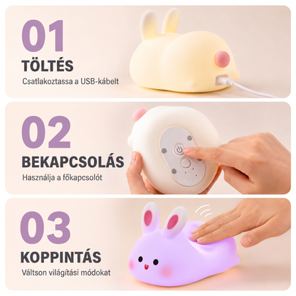 PKNEW® 7 színű érintős szilikon éjszakai lámpa alváshoz 🌙 – Kellemes tapintású, USB-ről tölthető, nyuszi és panda változatban is elérhető 💕