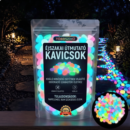 PKNEW® Fényre töltődő világító kerti kövek 👑 – színes éjszakai ragyogás kábelek és elemek nélkül, vízálló dekoráció ösvényekhez, virágcseréphez, ágyásokhoz, teraszhoz és medencék környékére 💎