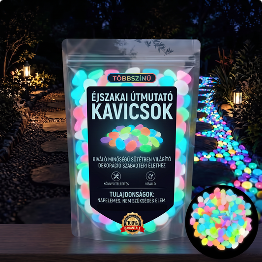 PKNEW® Fényre töltődő világító kerti kövek 👑 – színes éjszakai ragyogás kábelek és elemek nélkül, vízálló dekoráció ösvényekhez, virágcseréphez, ágyásokhoz, teraszhoz és medencék környékére 💎