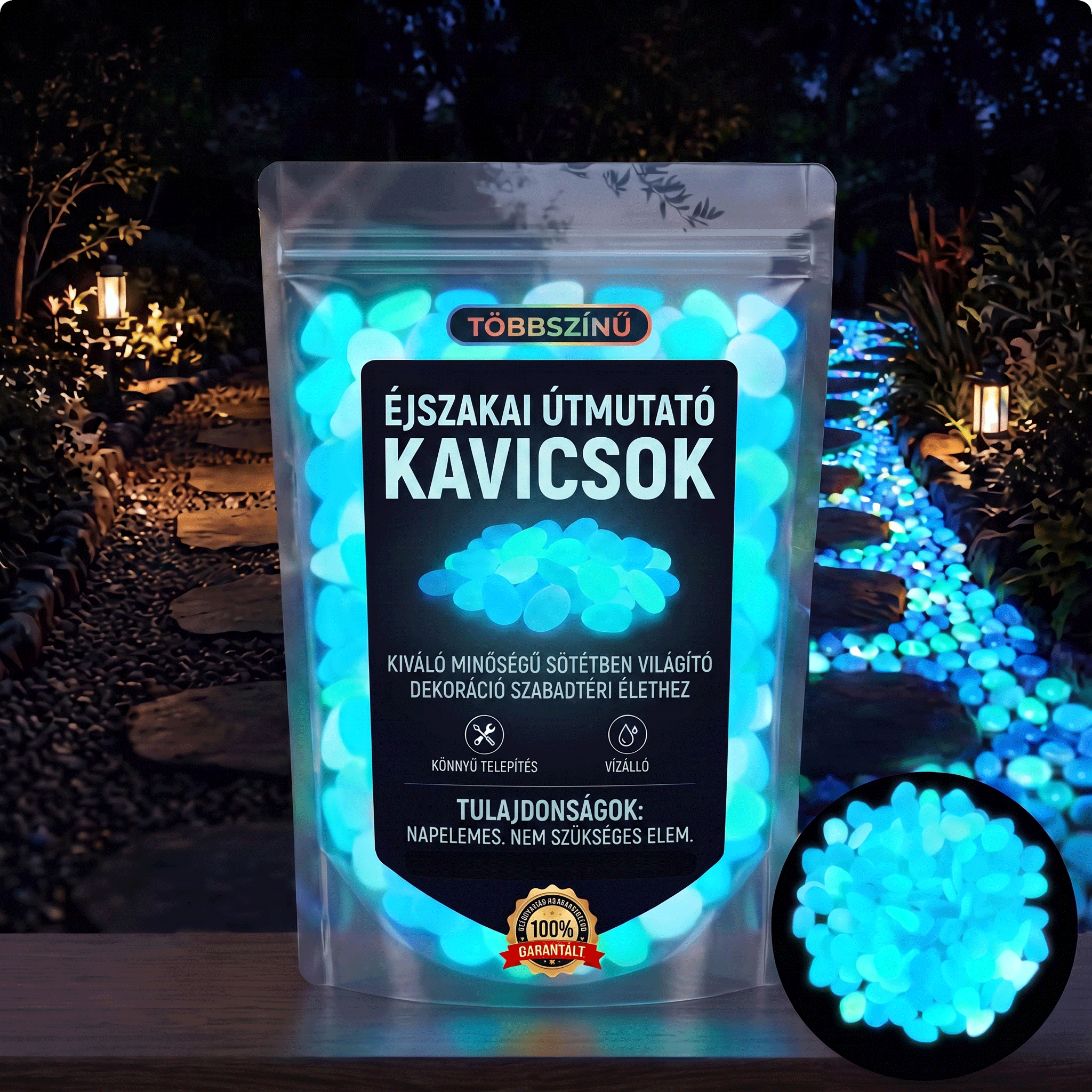 PKNEW® Fényre töltődő világító kerti kövek 👑 – színes éjszakai ragyogás kábelek és elemek nélkül, vízálló dekoráció ösvényekhez, virágcseréphez, ágyásokhoz, teraszhoz és medencék környékére 💎