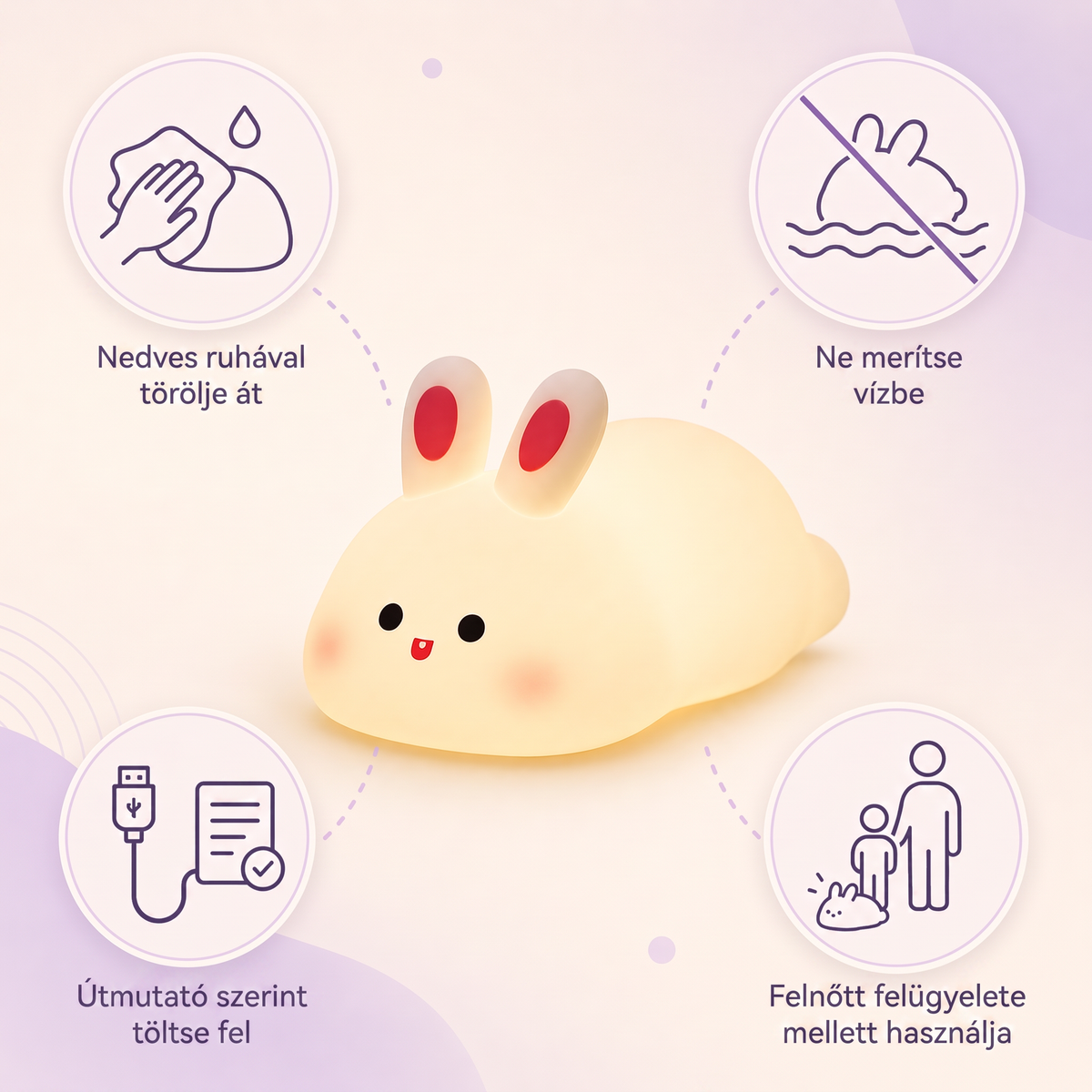 PKNEW® 7 színű érintős szilikon éjszakai lámpa alváshoz 🌙 – Kellemes tapintású, USB-ről tölthető, nyuszi és panda változatban is elérhető 💕