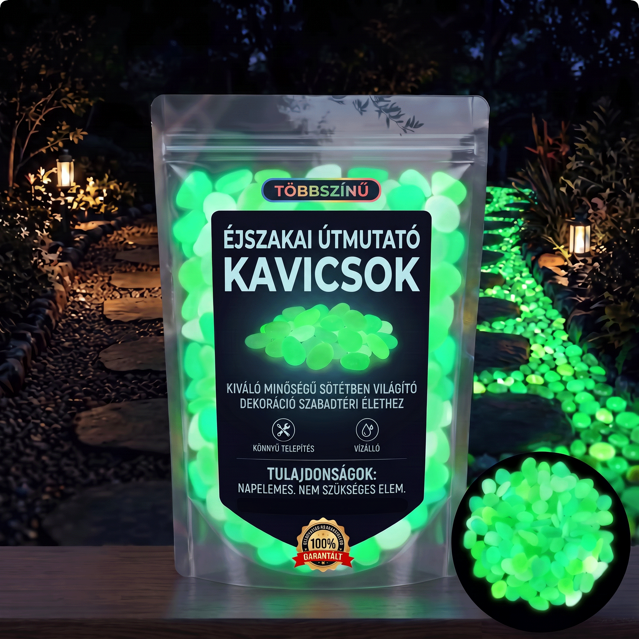 PKNEW® Fényre töltődő világító kerti kövek 👑 – színes éjszakai ragyogás kábelek és elemek nélkül, vízálló dekoráció ösvényekhez, virágcseréphez, ágyásokhoz, teraszhoz és medencék környékére 💎