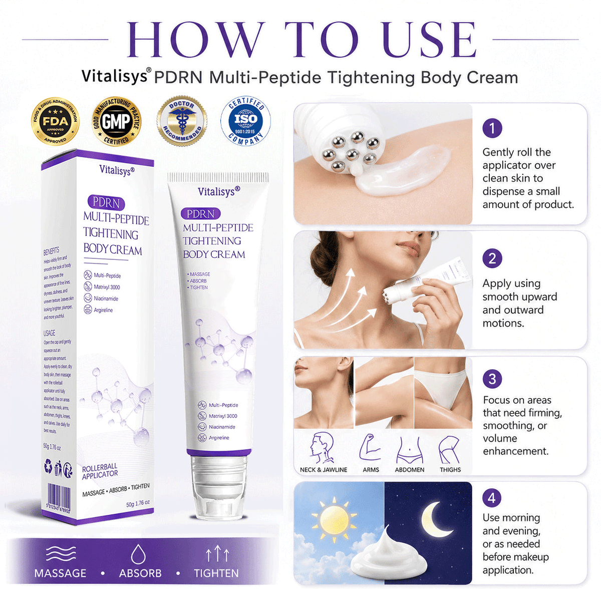🔥Vitalisys® PDRN Multi-Peptide Massaging Body Roller Cream- Anti-aging, 🙆‍♀️Hydrating, Skin Firming & Lifting, Skin Repair, Even Tone, Acne and Dark Spot Treatment, Wart and Mole Removal, and Psoriasis Relief