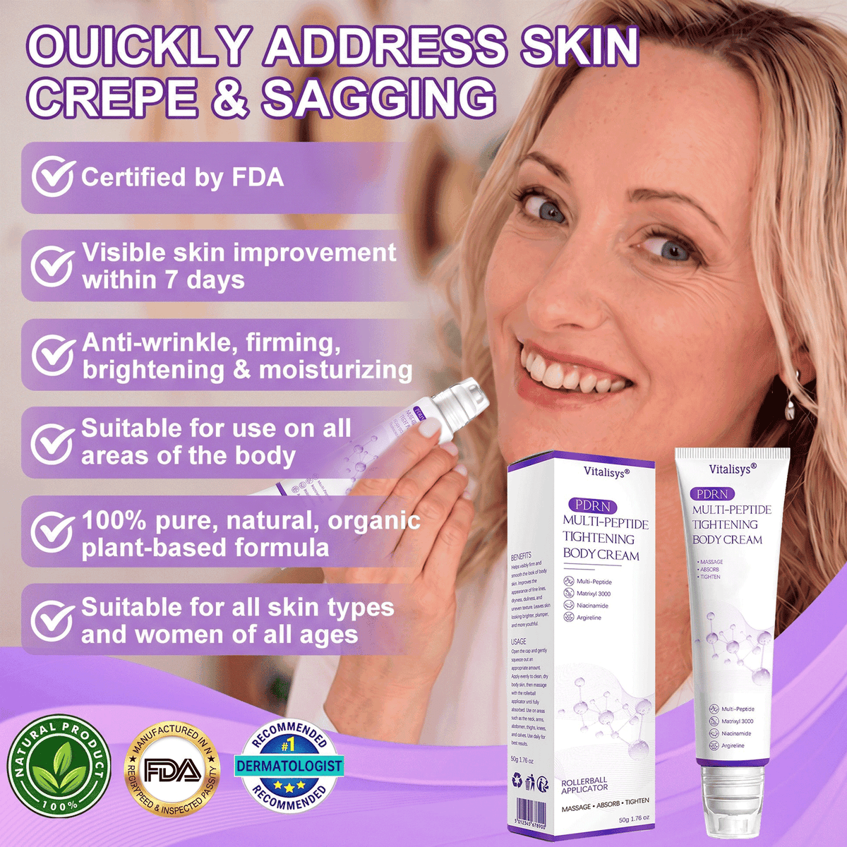 🔥Vitalisys® PDRN Multi-Peptide Massaging Body Roller Cream- Anti-aging, 🙆‍♀️Hydrating, Skin Firming & Lifting, Skin Repair, Even Tone, Acne and Dark Spot Treatment, Wart and Mole Removal, and Psoriasis Relief