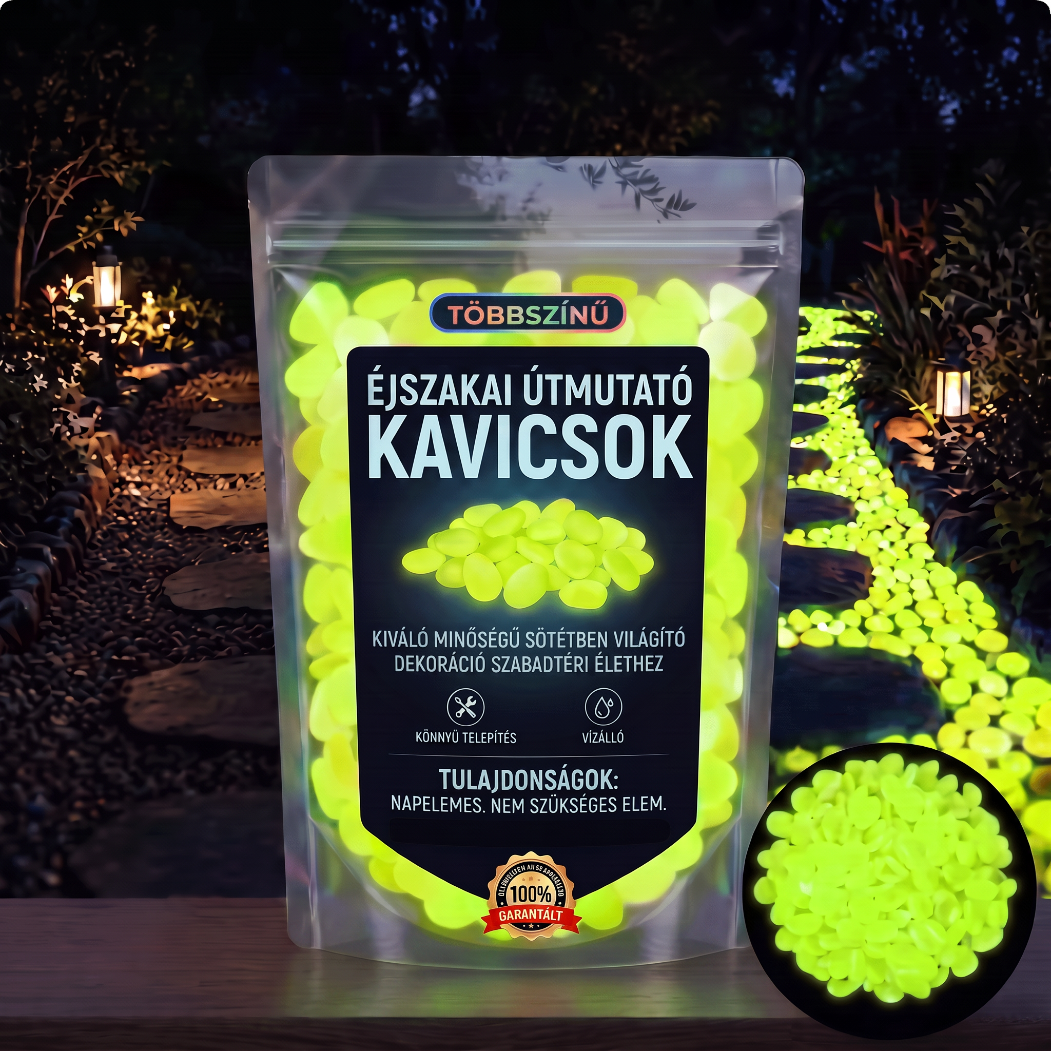PKNEW® Fényre töltődő világító kerti kövek 👑 – színes éjszakai ragyogás kábelek és elemek nélkül, vízálló dekoráció ösvényekhez, virágcseréphez, ágyásokhoz, teraszhoz és medencék környékére 💎