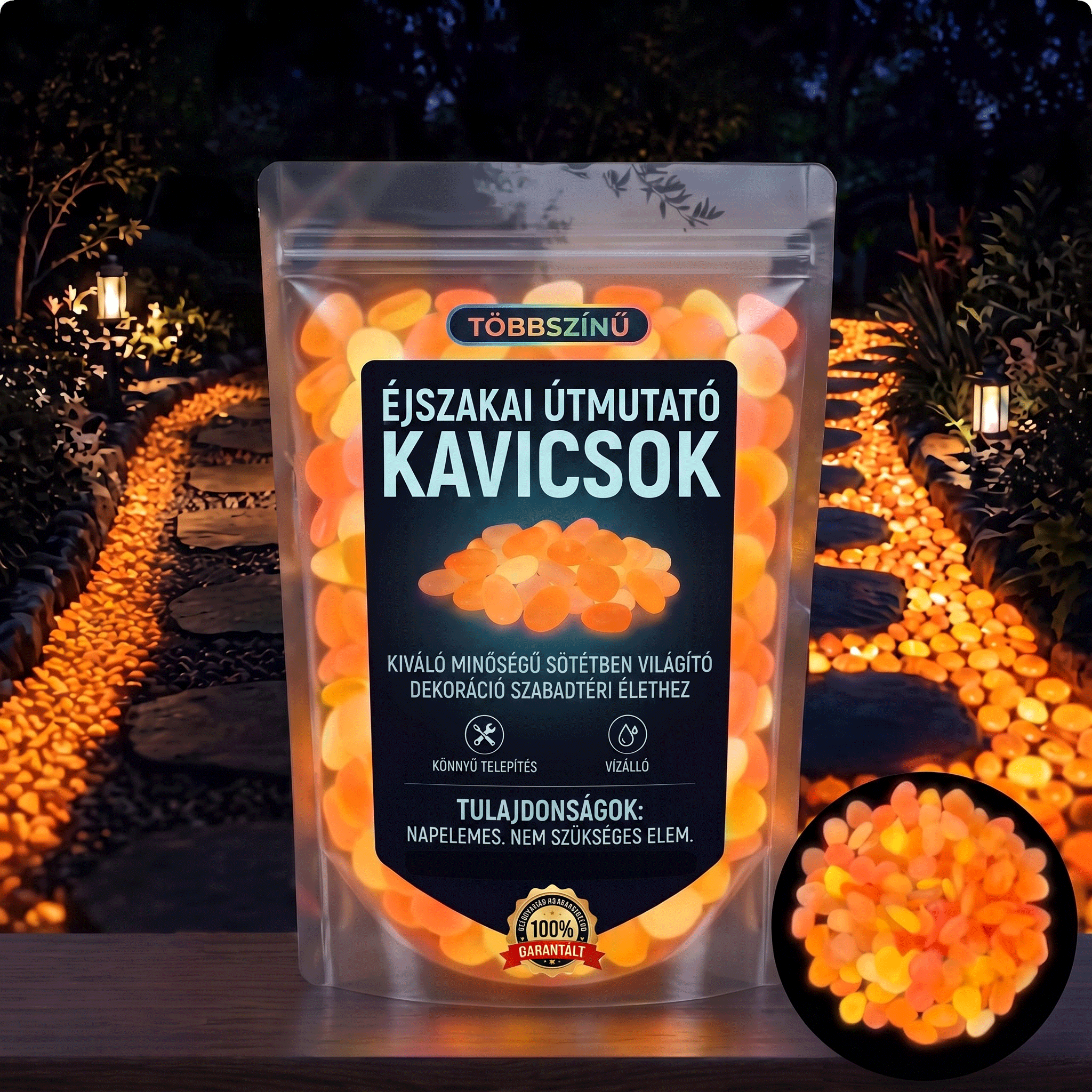 PKNEW® Fényre töltődő világító kerti kövek 👑 – színes éjszakai ragyogás kábelek és elemek nélkül, vízálló dekoráció ösvényekhez, virágcseréphez, ágyásokhoz, teraszhoz és medencék környékére 💎