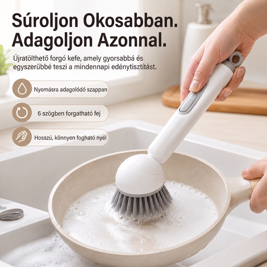 PKNEW® Intelligens konyhai kefe mosogatószer-adagolóval 🧽 – forgófej a fazekak, serpenyők és edények egykezes, egyszerű tisztításához 💧