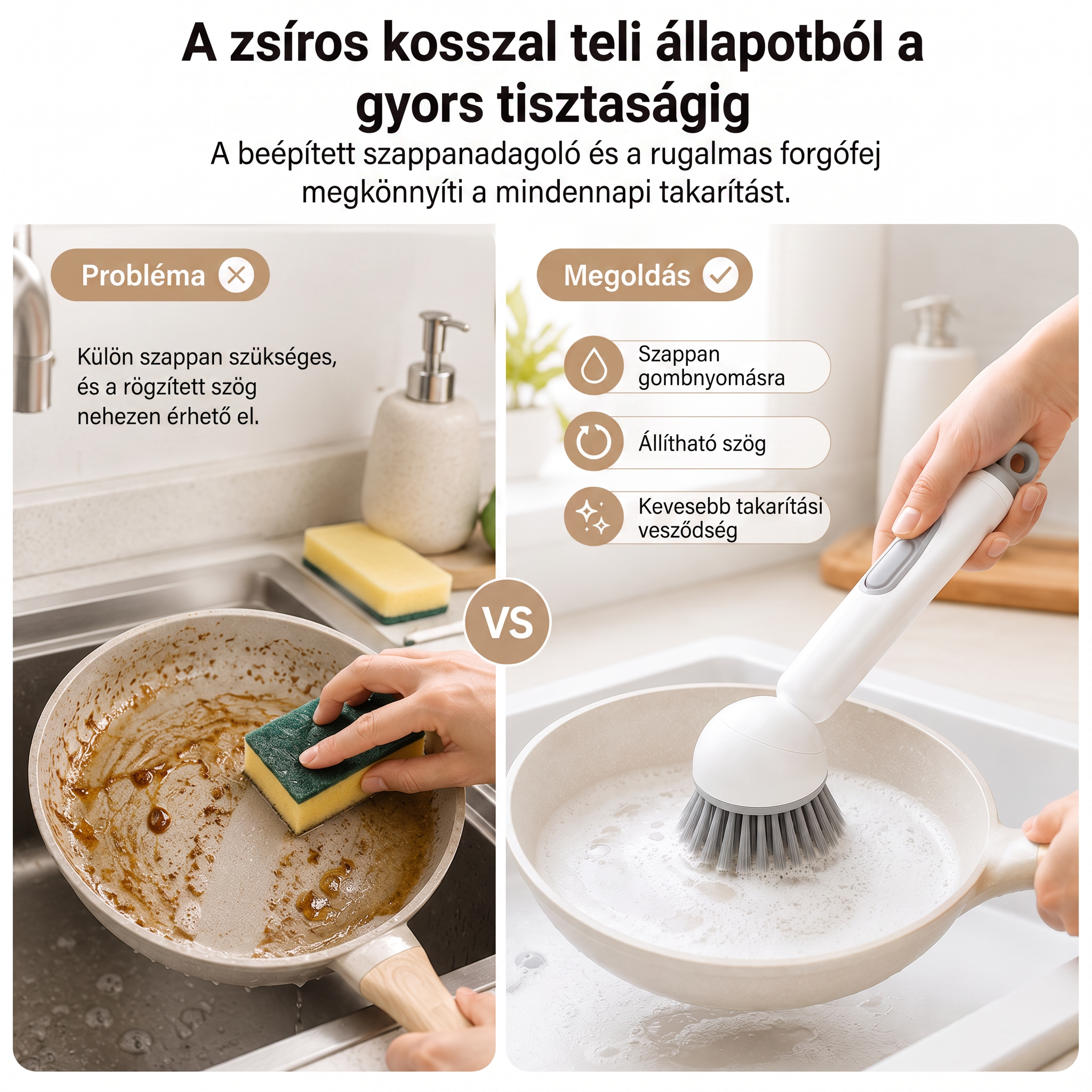 PKNEW® Intelligens konyhai kefe mosogatószer-adagolóval 🧽 – forgófej a fazekak, serpenyők és edények egykezes, egyszerű tisztításához 💧