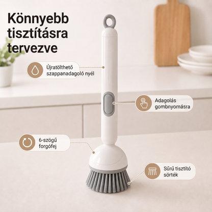 PKNEW® Intelligens konyhai kefe mosogatószer-adagolóval 🧽 – forgófej a fazekak, serpenyők és edények egykezes, egyszerű tisztításához 💧