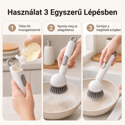 PKNEW® Intelligens konyhai kefe mosogatószer-adagolóval 🧽 – forgófej a fazekak, serpenyők és edények egykezes, egyszerű tisztításához 💧