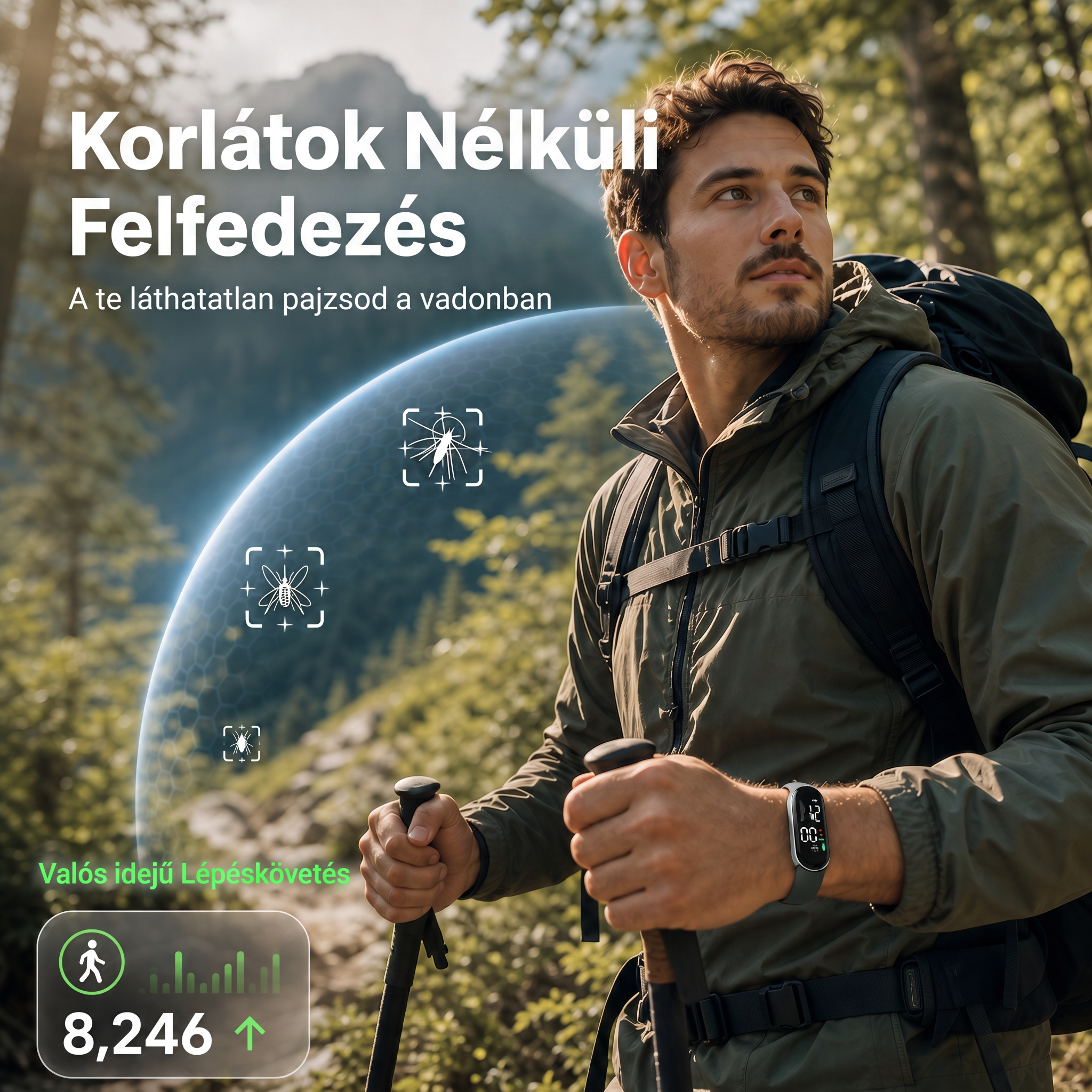 PKNEW® Intelligens ultrahangos szúnyogriasztó karkötő – 3 intelligens üzemmód, digitális kijelző és akár 7 napos üzemidő egyetlen feltöltéssel ⚡ Kerthöz, utazáshoz, kempingezéshez és a kellemes nyári estékhez 🌿