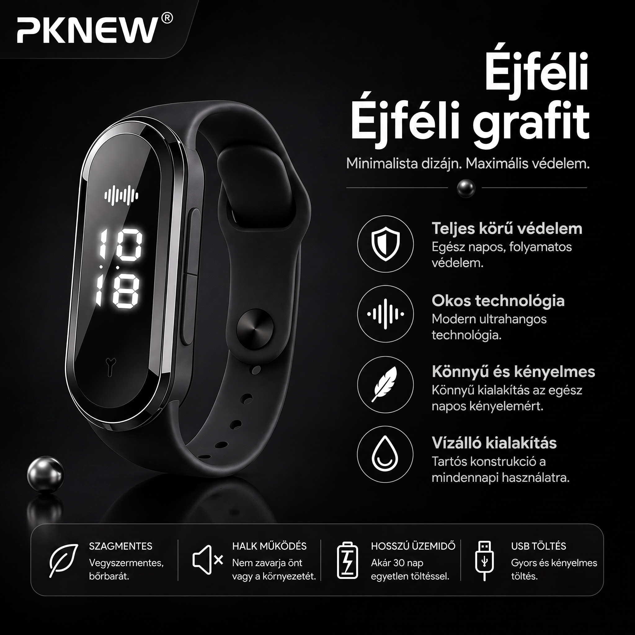 PKNEW® Intelligens ultrahangos szúnyogriasztó karkötő – 3 intelligens üzemmód, digitális kijelző és akár 7 napos üzemidő egyetlen feltöltéssel ⚡ Kerthöz, utazáshoz, kempingezéshez és a kellemes nyári estékhez 🌿