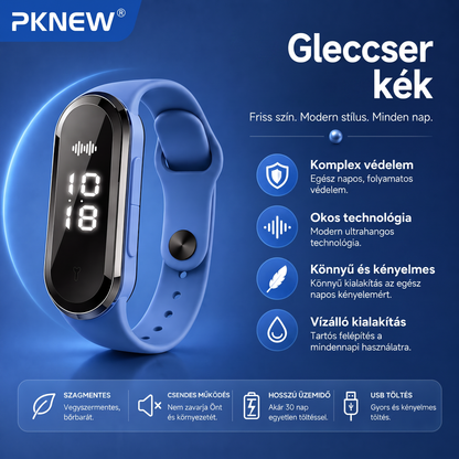 PKNEW® Intelligens ultrahangos szúnyogriasztó karkötő – 3 intelligens üzemmód, digitális kijelző és akár 7 napos üzemidő egyetlen feltöltéssel ⚡ Kerthöz, utazáshoz, kempingezéshez és a kellemes nyári estékhez 🌿