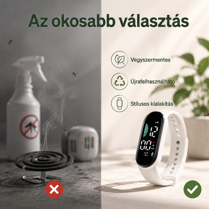 PKNEW® Intelligens ultrahangos szúnyogriasztó karkötő – 3 intelligens üzemmód, digitális kijelző és akár 7 napos üzemidő egyetlen feltöltéssel ⚡ Kerthöz, utazáshoz, kempingezéshez és a kellemes nyári estékhez 🌿