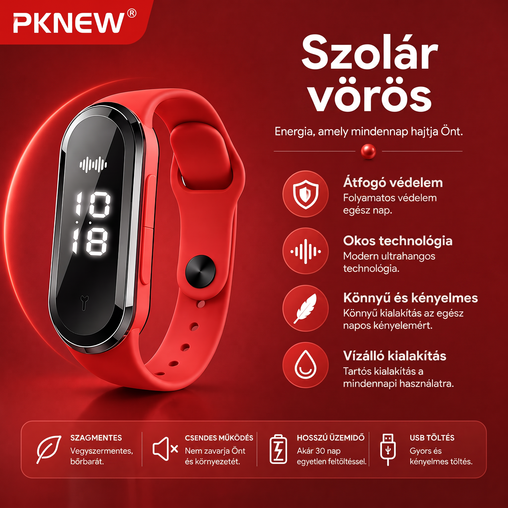 PKNEW® Intelligens ultrahangos szúnyogriasztó karkötő – 3 intelligens üzemmód, digitális kijelző és akár 7 napos üzemidő egyetlen feltöltéssel ⚡ Kerthöz, utazáshoz, kempingezéshez és a kellemes nyári estékhez 🌿