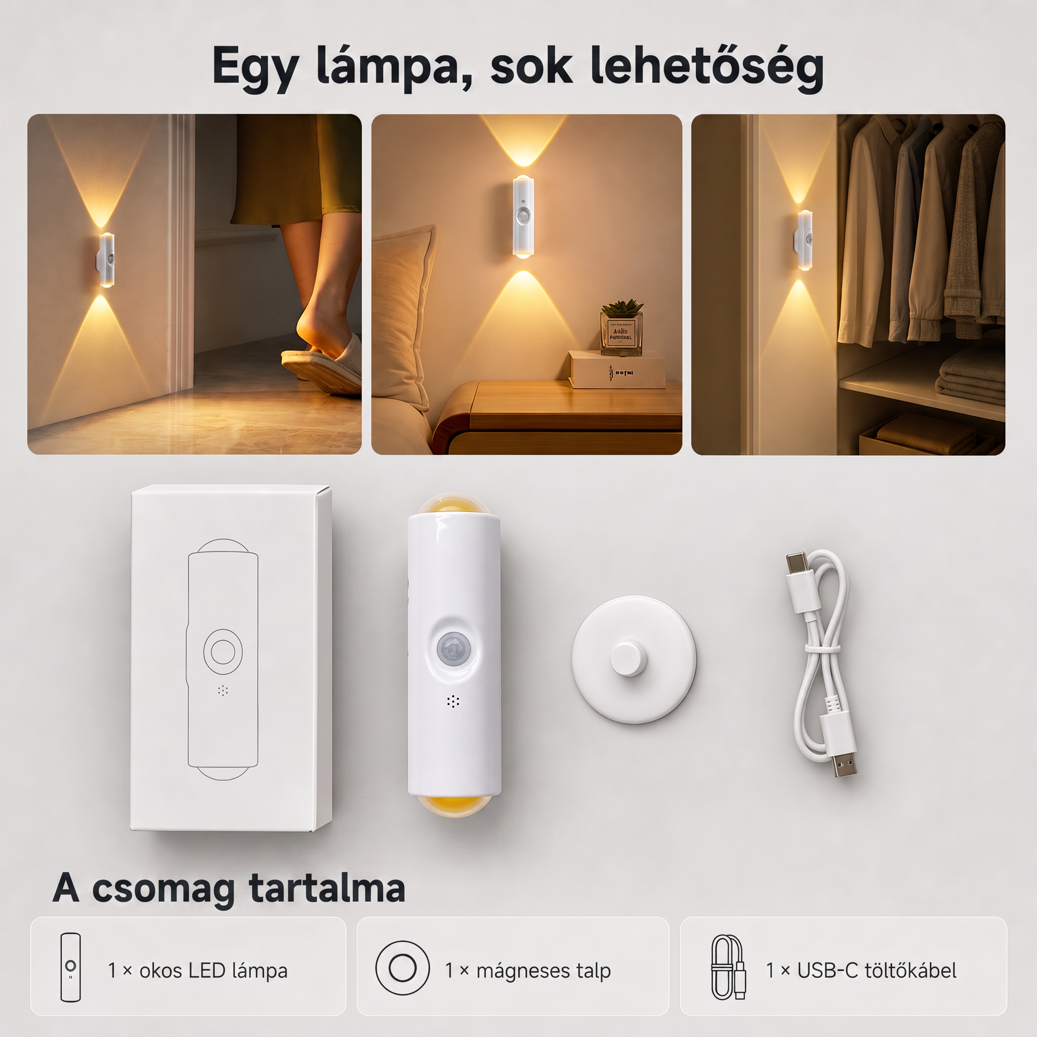 PKNEW® 💡 Okos kétirányú RGB éjszakai lámpa mozgásérzékelővel 🌈 – automatikus bekapcsolás, fúrásmentes mágneses rögzítés és USB-C töltés hálószobába, folyosóra és lépcsőhöz 💎
