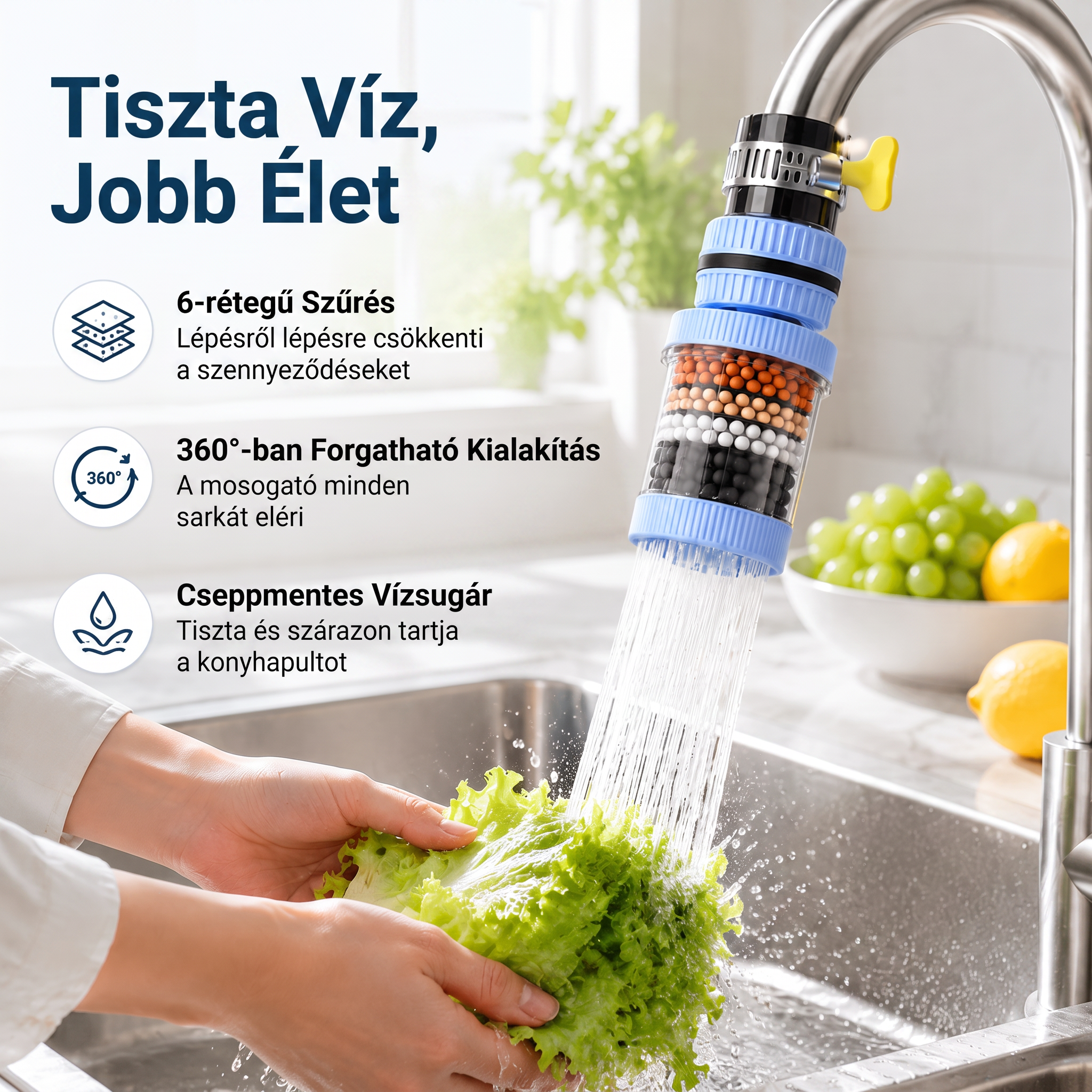 PKNEW® 6 rétegű szűrésű csaptelep vízszűrő 360 fokban forgatható, fröccsenésmentes, konyhai mosogatóhoz gyümölcsök, zöldségek és edények mosásához 🚿