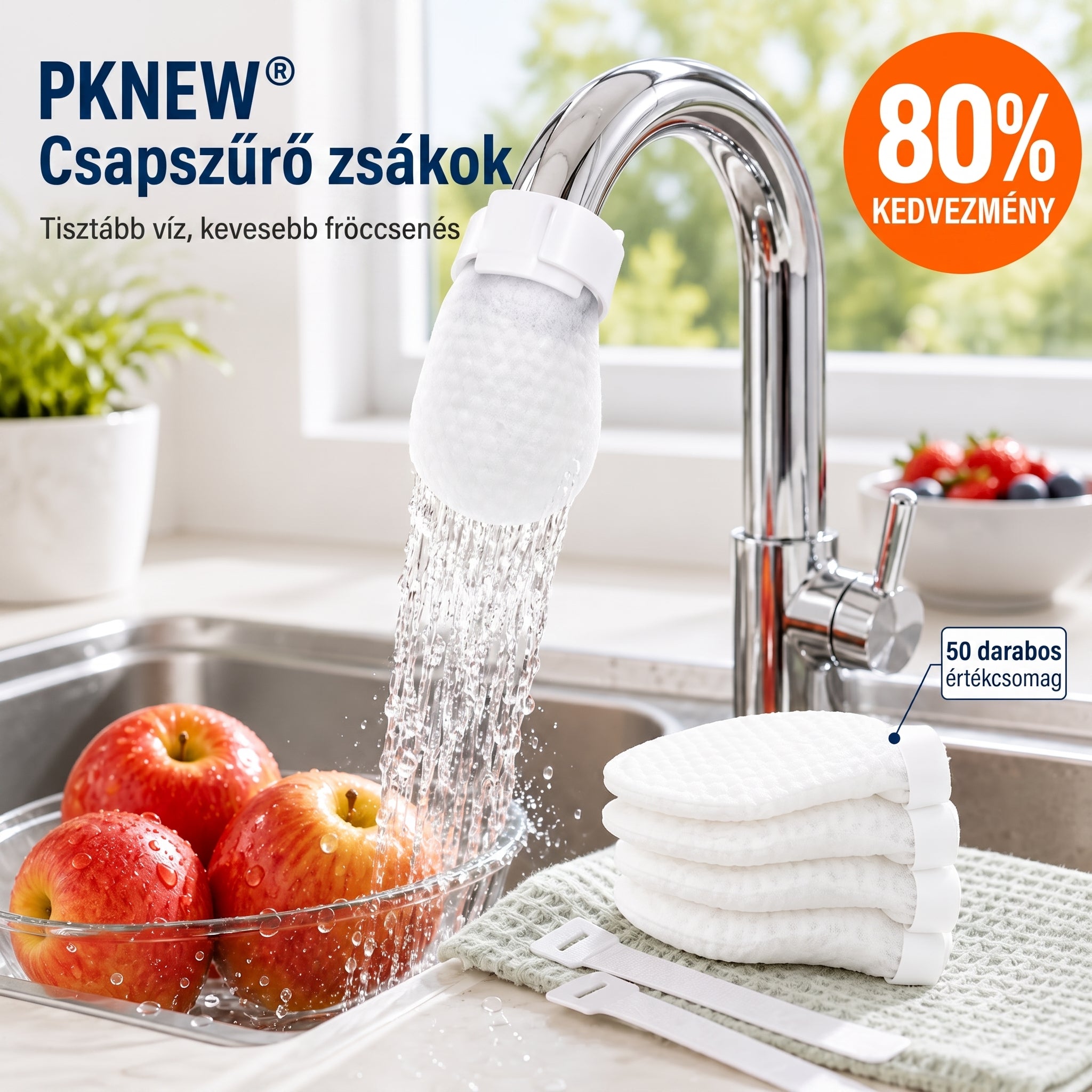 PKNEW® Csaptelep szűrőzsákok – 50 darabos eldobható pamut csapvízszűrő a tisztább vízért, fröccsenésgátlással és üledékvédelemmel 🚰