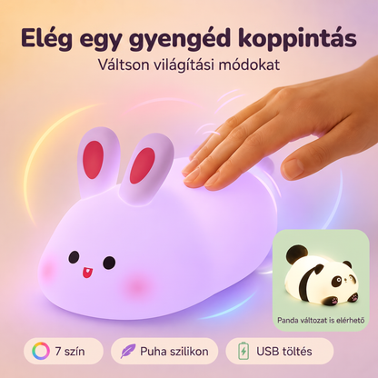 PKNEW® 7 színű érintős szilikon éjszakai lámpa alváshoz 🌙 – Kellemes tapintású, USB-ről tölthető, nyuszi és panda változatban is elérhető 💕