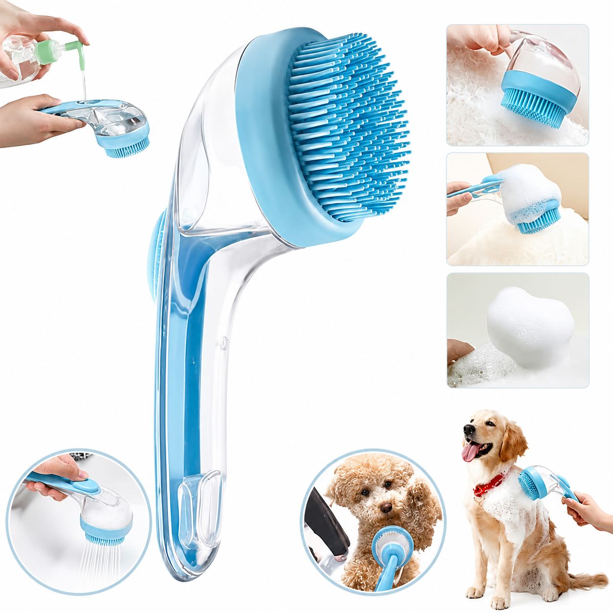 PKNEW® 🐕 2 az 1-ben fürdető kefe samponadagolóval – Puha szilikon kefe kutyák és macskák szőrápolásához 💎