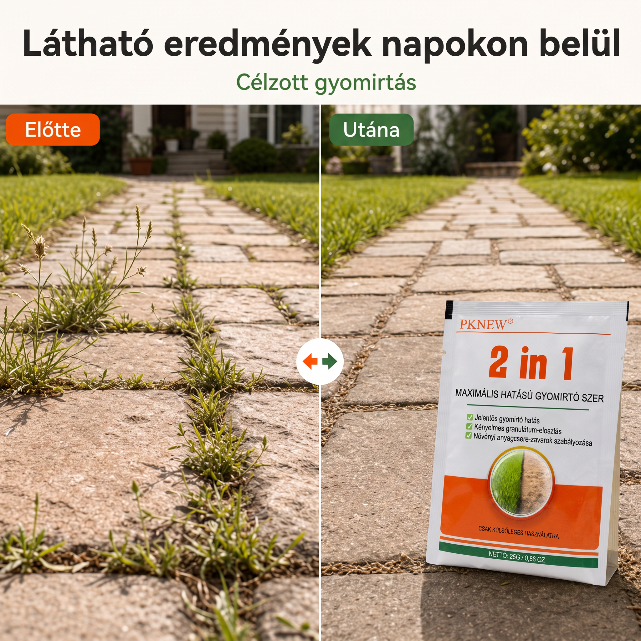 PKNEW® 2 az 1-ben Max Power granulált gyomirtó készítmény 👑 – látható hatás már 6 óra után, könnyen feloldható vízben, és célzottan alkalmazható fugákhoz, ösvényekhez, kerítésekhez és kavicsos felületekhez 💎