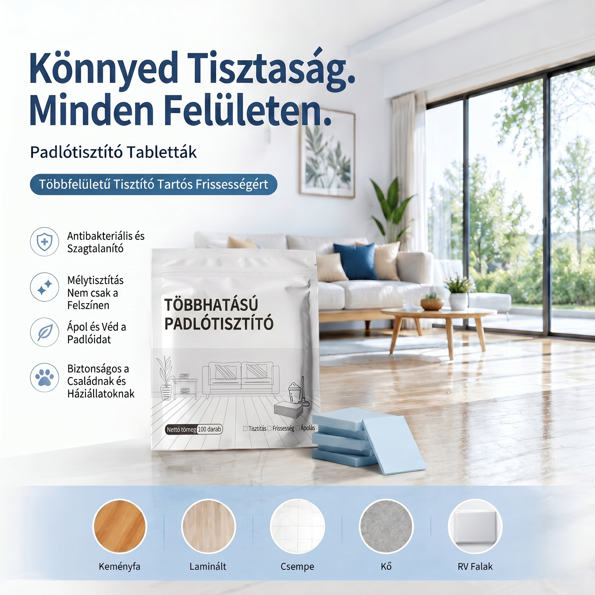PKNEW®🫧 Padlótisztító Tabletták💧 – Többfelületű tisztítószer keményfához, laminált padlóhoz, csempe- és lakóautó-falakhoz. Antibakteriális, szagtalanító és ápoló hatás 💎