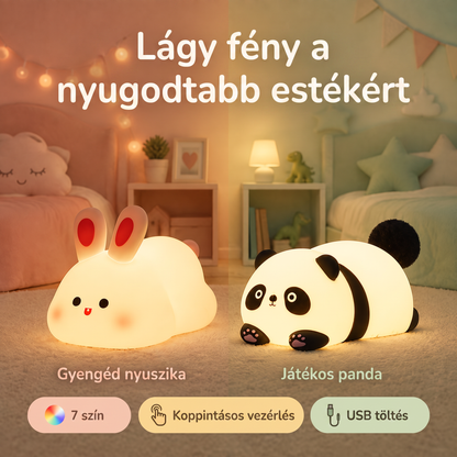 PKNEW® 7 színű érintős szilikon éjszakai lámpa alváshoz 🌙 – Kellemes tapintású, USB-ről tölthető, nyuszi és panda változatban is elérhető 💕