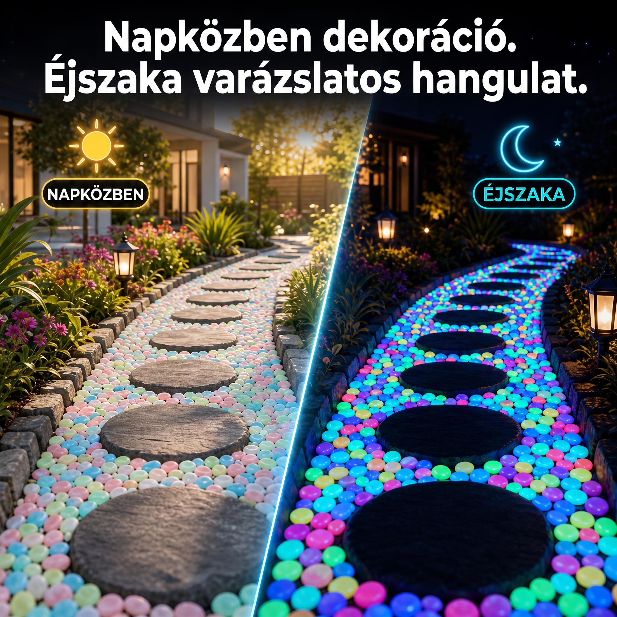 PKNEW® Fényre töltődő világító kerti kövek 👑 – színes éjszakai ragyogás kábelek és elemek nélkül, vízálló dekoráció ösvényekhez, virágcseréphez, ágyásokhoz, teraszhoz és medencék környékére 💎