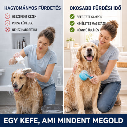 PKNEW® 🐕 2 az 1-ben fürdető kefe samponadagolóval – Puha szilikon kefe kutyák és macskák szőrápolásához 💎
