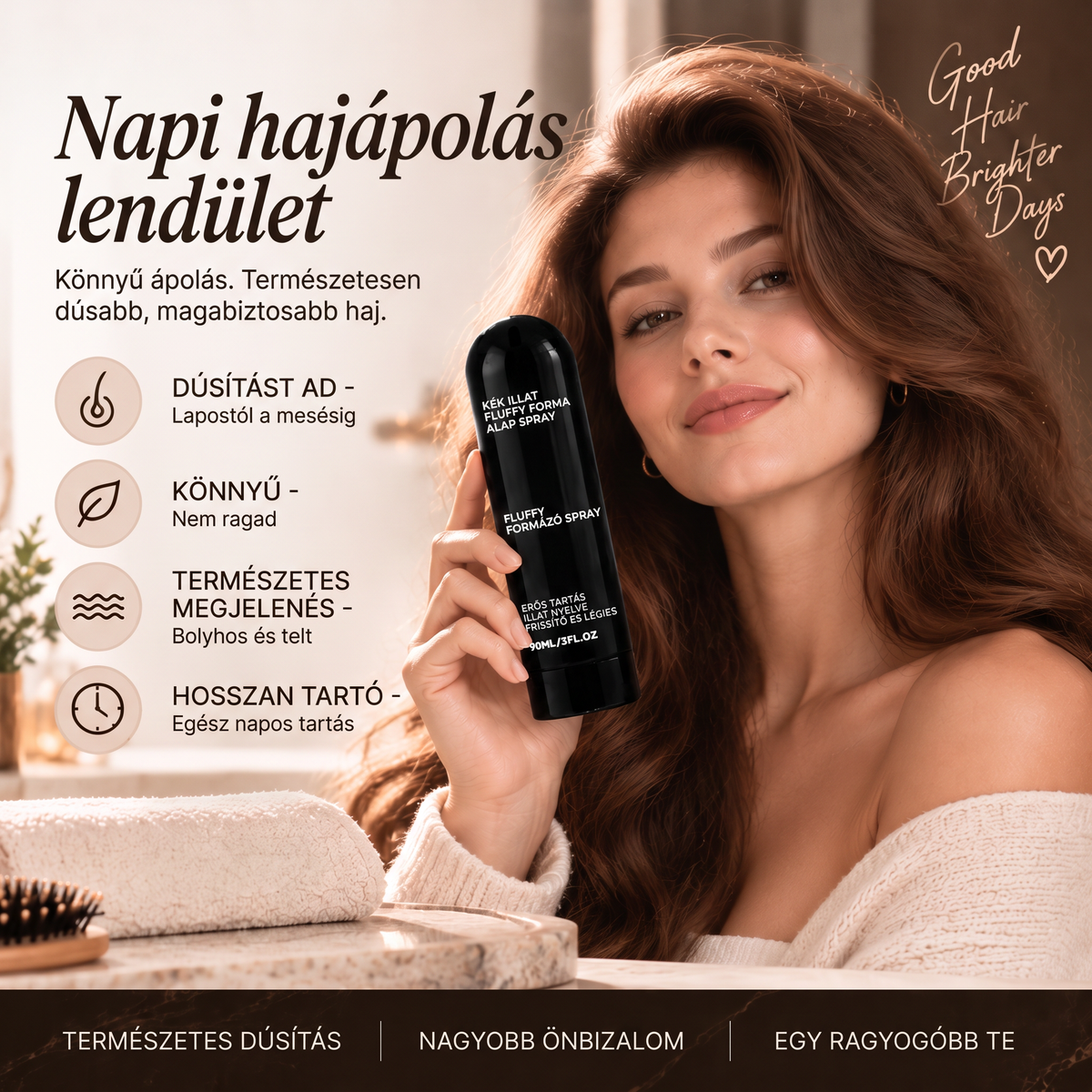 Vitalisys® Fluffy Hair formázó hajspray – Könnyű dúsító köd a hajtövek emeléséhez és a természetes mozgáshoz őszibarack illattal 💎