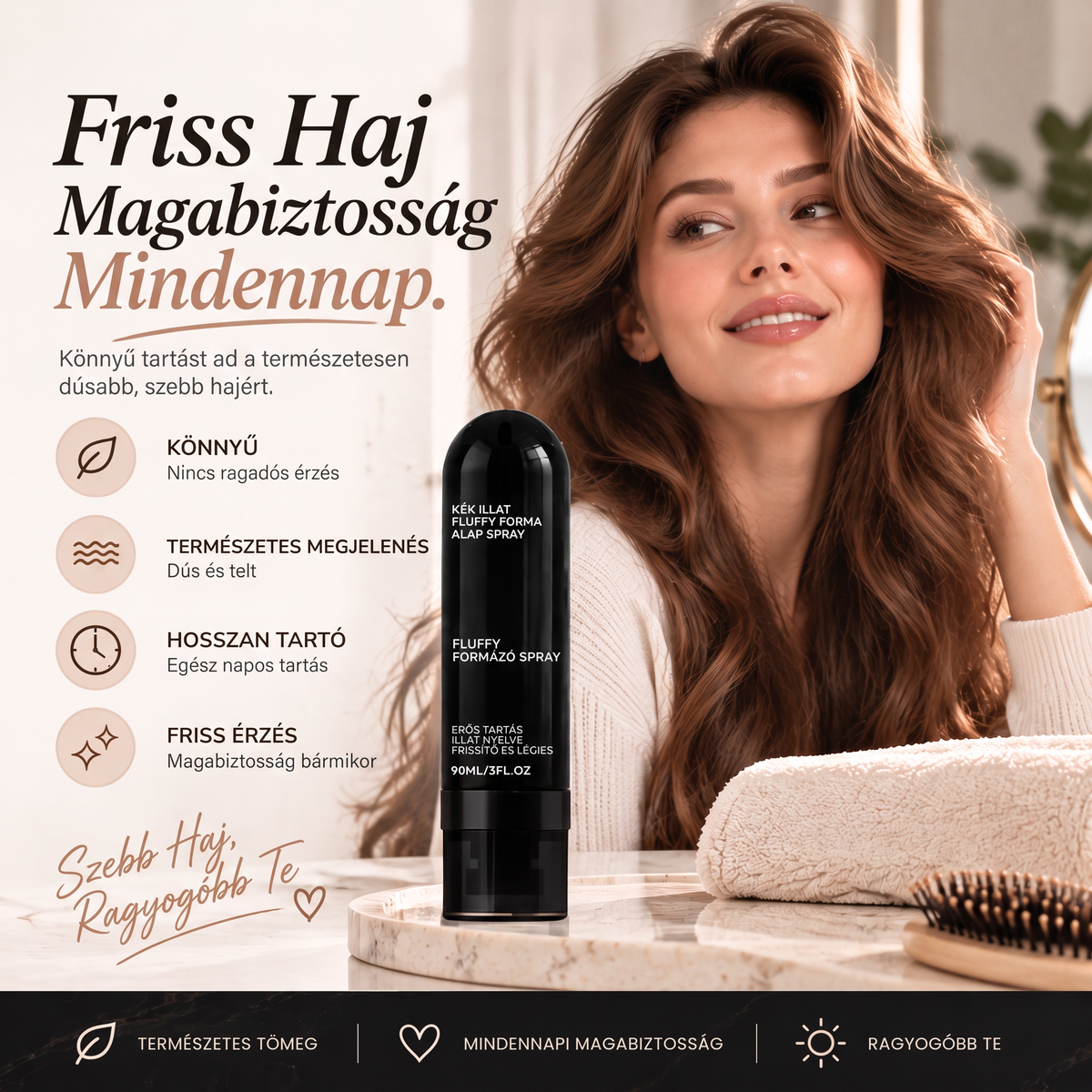 Vitalisys® Fluffy Hair formázó hajspray – Könnyű dúsító köd a hajtövek emeléséhez és a természetes mozgáshoz őszibarack illattal 💎