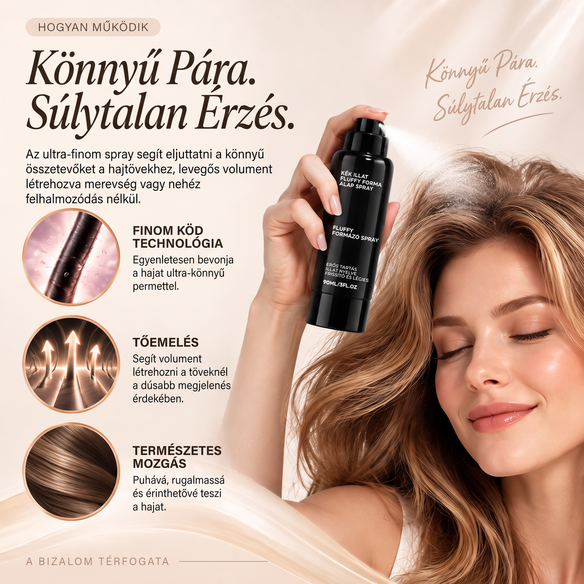 Vitalisys® Fluffy Hair formázó hajspray – Könnyű dúsító köd a hajtövek emeléséhez és a természetes mozgáshoz őszibarack illattal 💎