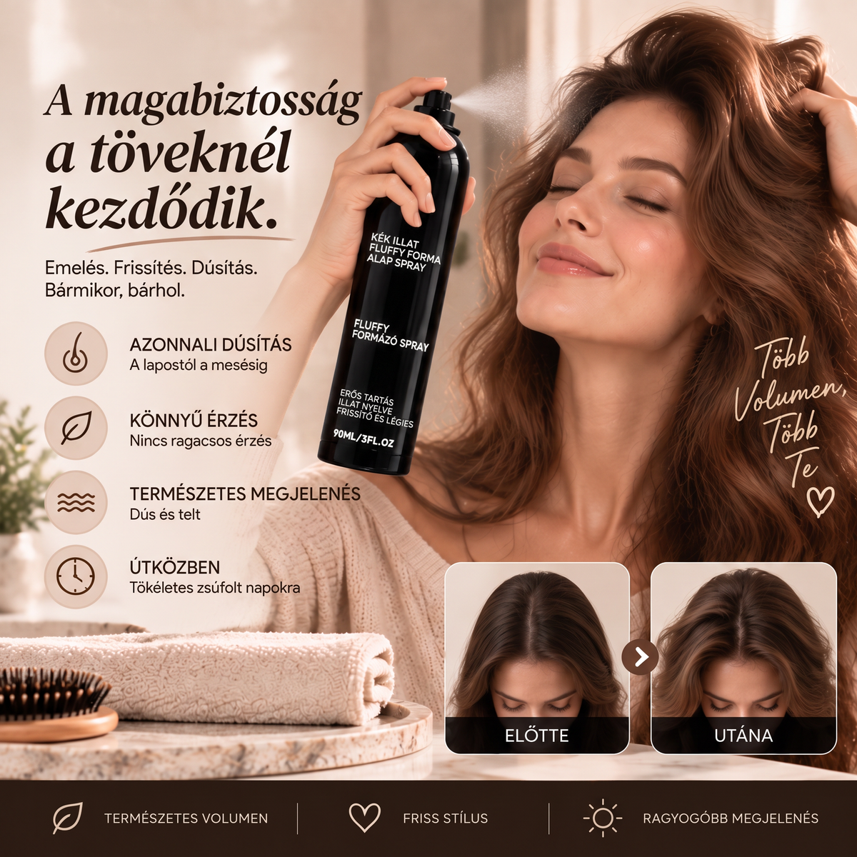 Vitalisys® Fluffy Hair formázó hajspray – Könnyű dúsító köd a hajtövek emeléséhez és a természetes mozgáshoz őszibarack illattal 💎