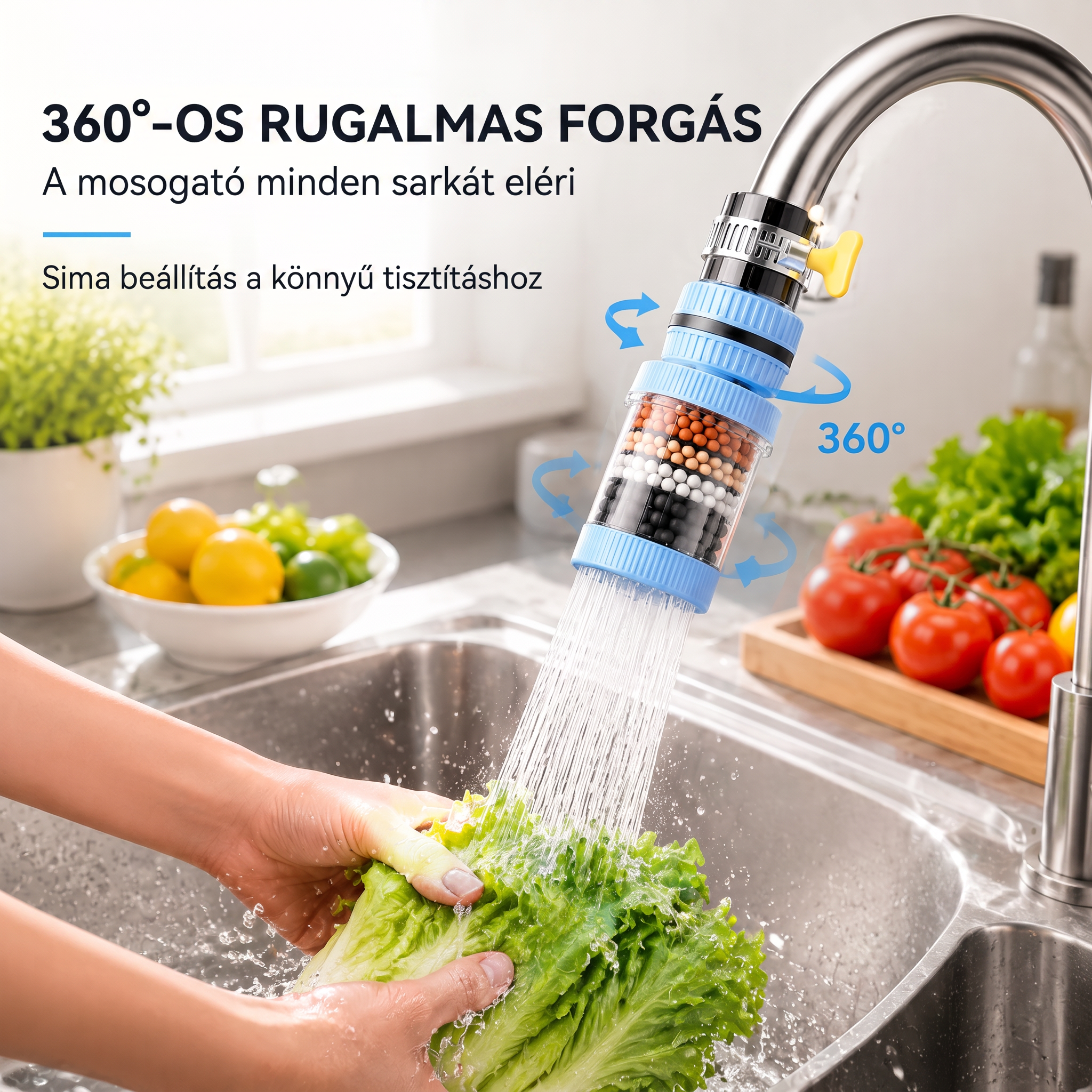 PKNEW® 6 rétegű szűrésű csaptelep vízszűrő 360 fokban forgatható, fröccsenésmentes, konyhai mosogatóhoz gyümölcsök, zöldségek és edények mosásához 🚿