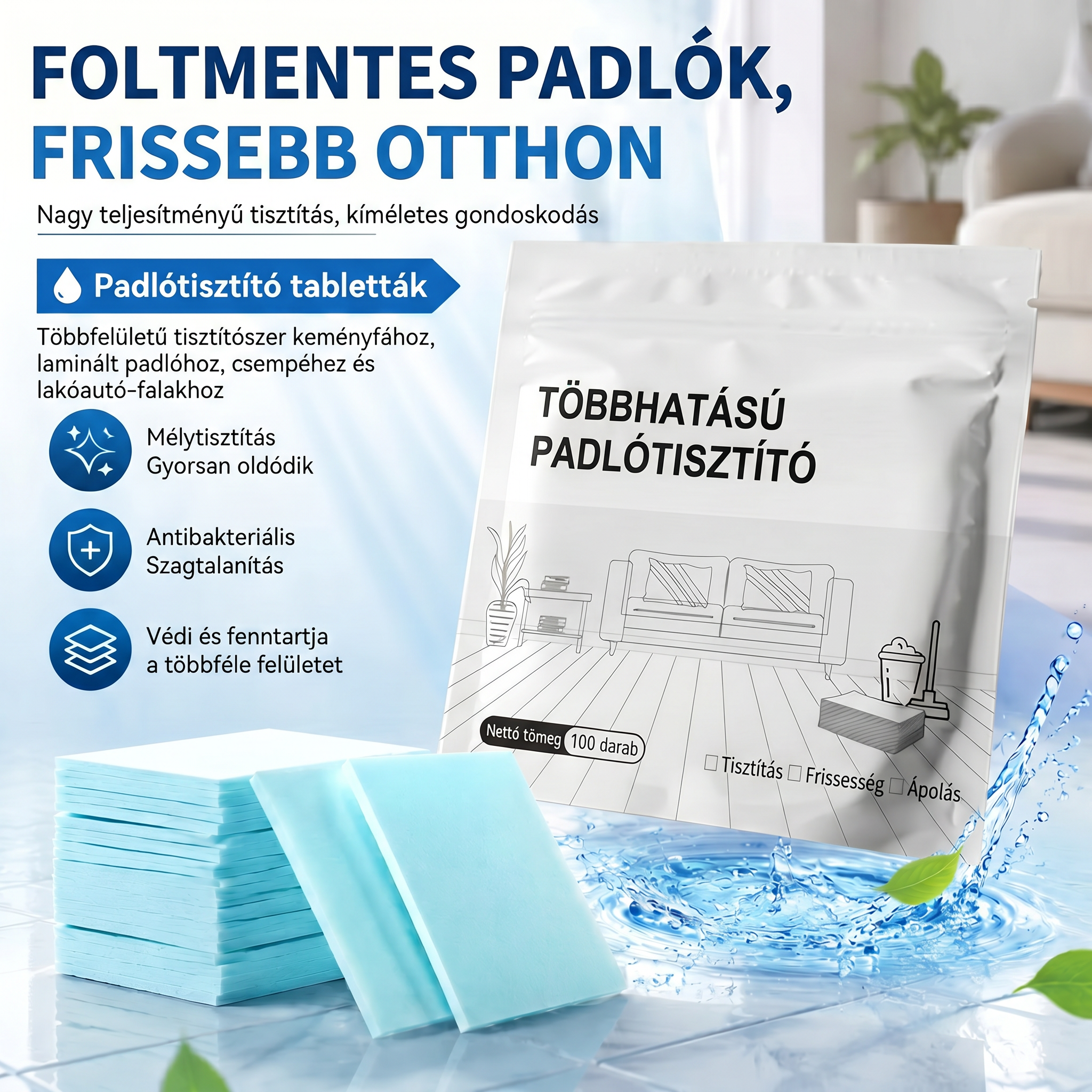 PKNEW®🫧 Padlótisztító Tabletták💧 – Többfelületű tisztítószer keményfához, laminált padlóhoz, csempe- és lakóautó-falakhoz. Antibakteriális, szagtalanító és ápoló hatás 💎