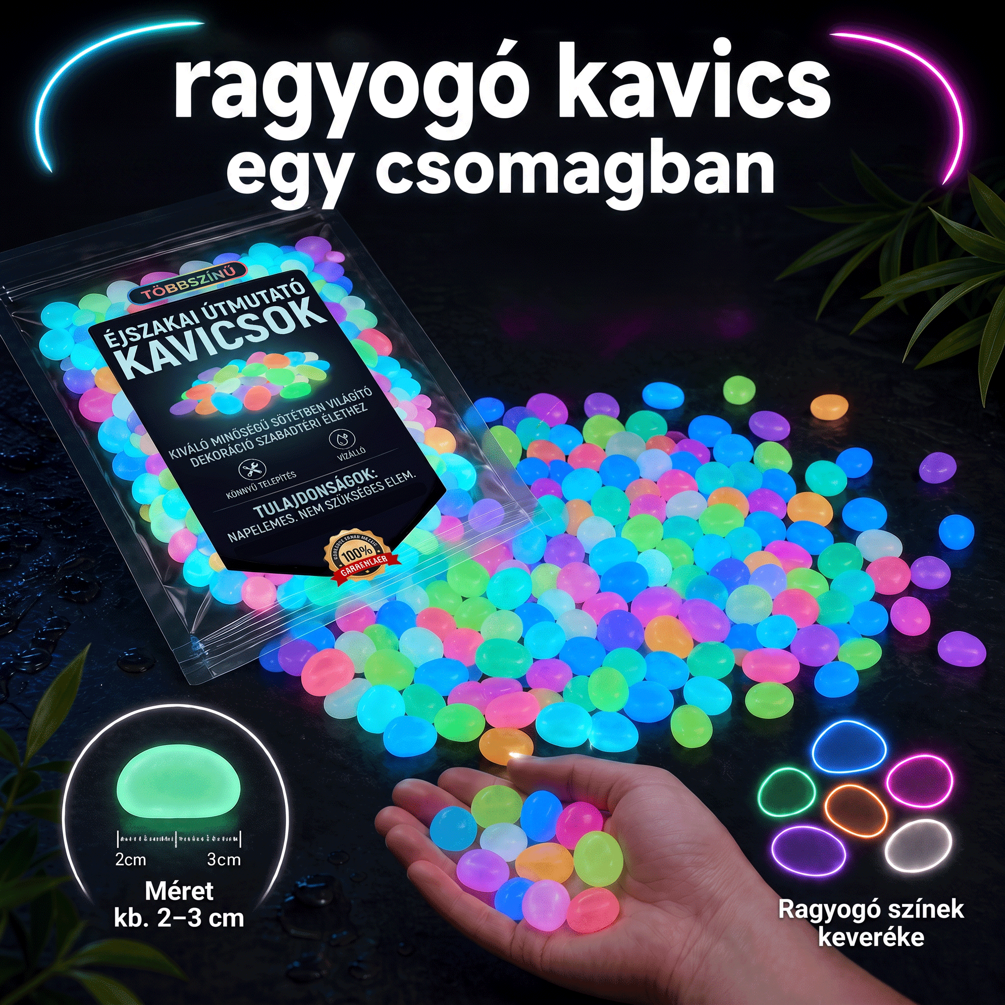 PKNEW® Fényre töltődő világító kerti kövek 👑 – színes éjszakai ragyogás kábelek és elemek nélkül, vízálló dekoráció ösvényekhez, virágcseréphez, ágyásokhoz, teraszhoz és medencék környékére 💎
