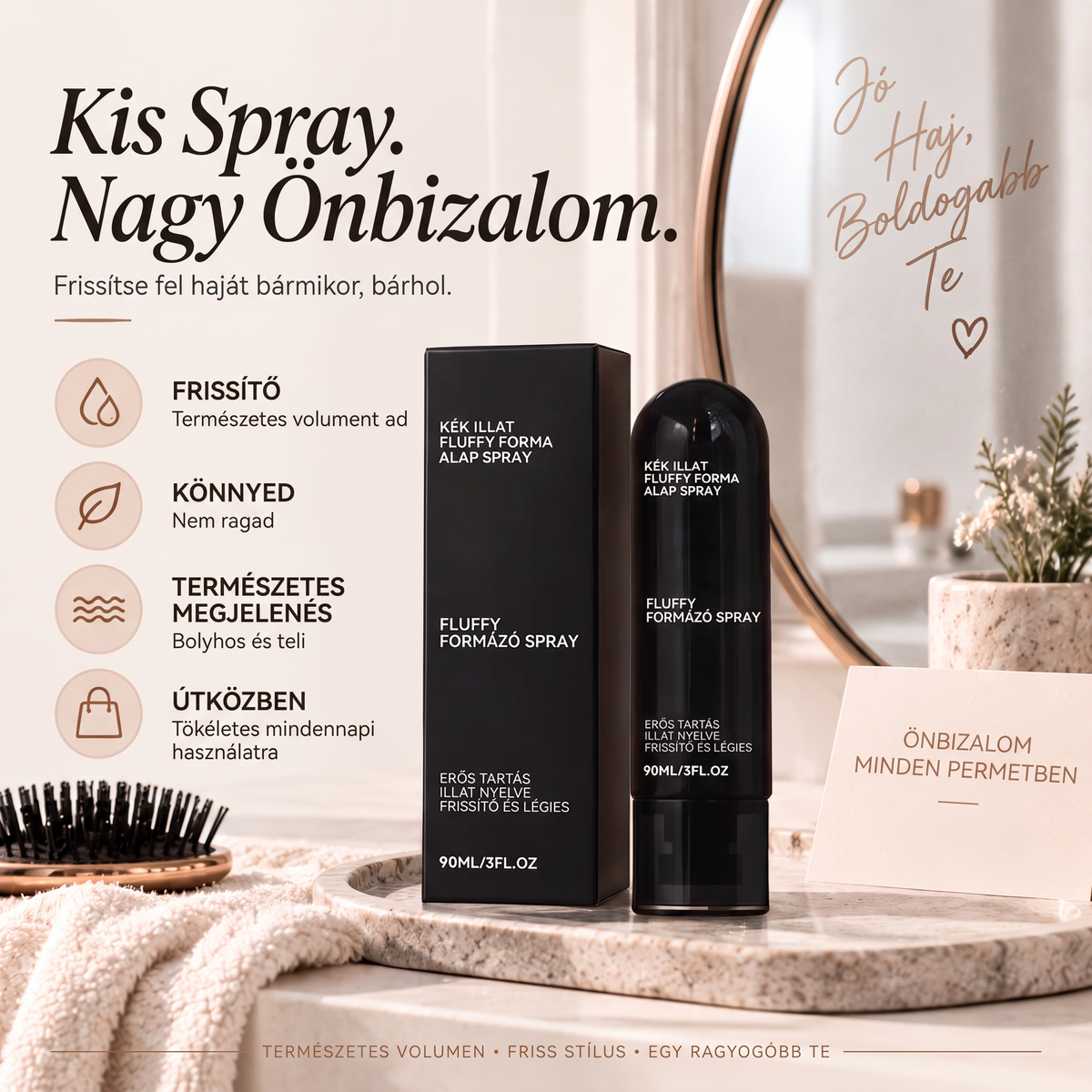 Vitalisys® Fluffy Hair formázó hajspray – Könnyű dúsító köd a hajtövek emeléséhez és a természetes mozgáshoz őszibarack illattal 💎