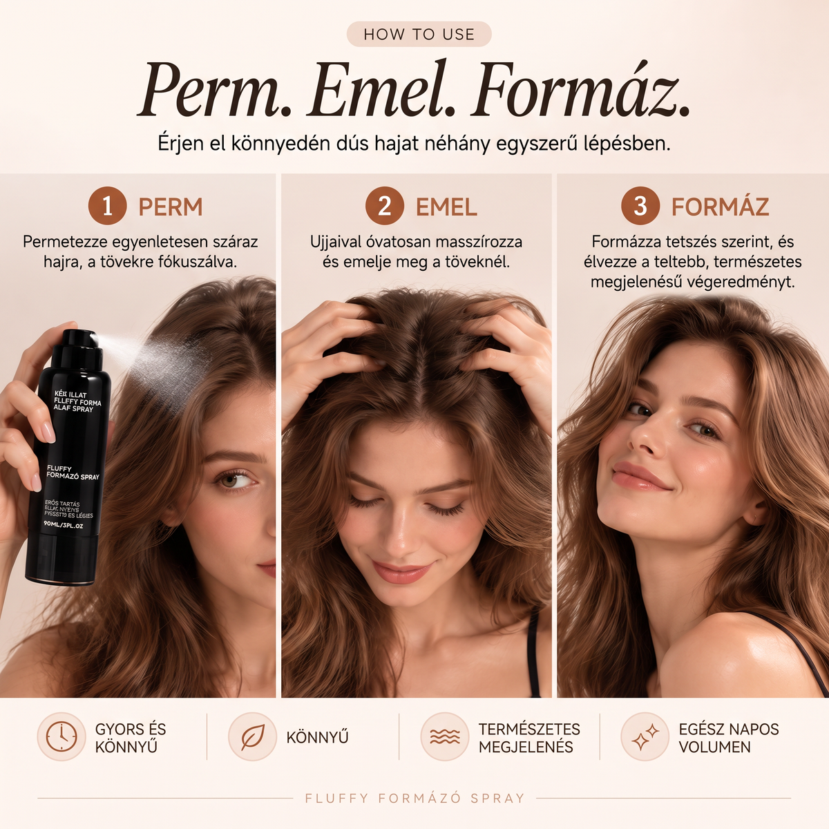 Vitalisys® Fluffy Hair formázó hajspray – Könnyű dúsító köd a hajtövek emeléséhez és a természetes mozgáshoz őszibarack illattal 💎