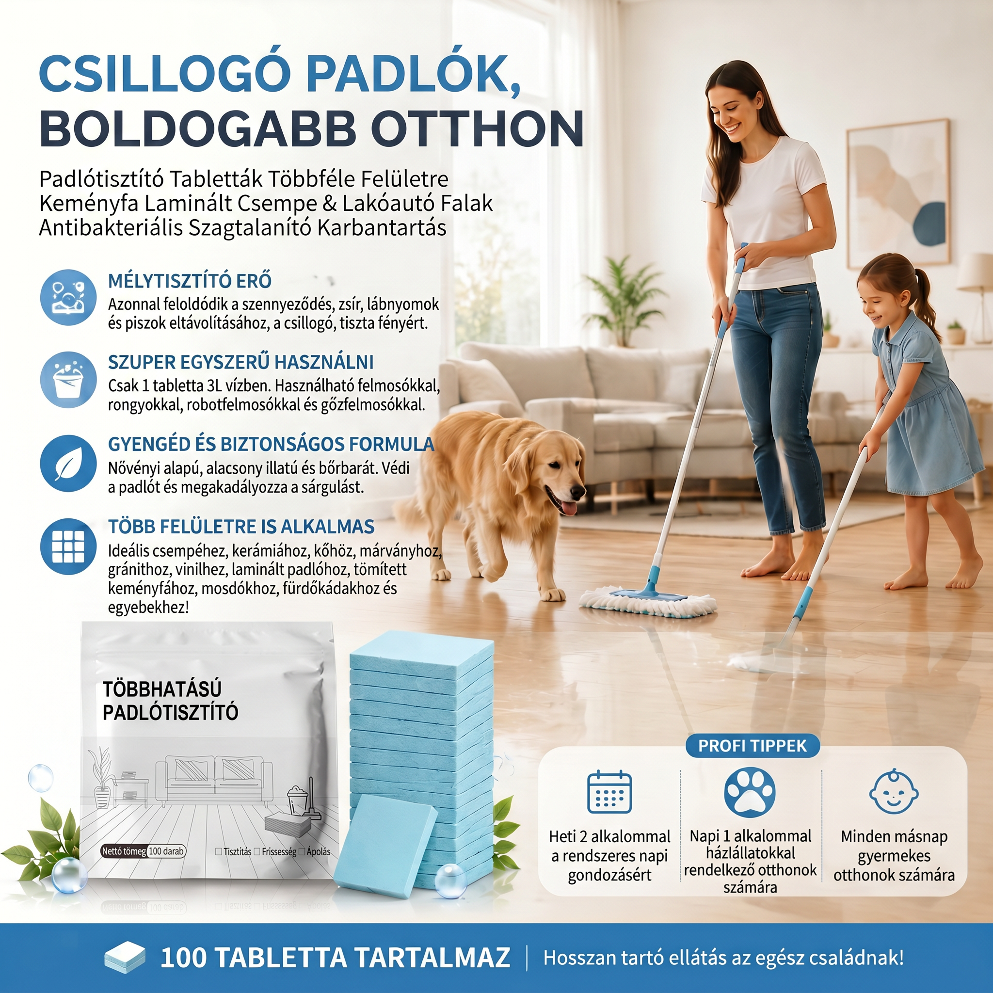 PKNEW®🫧 Padlótisztító Tabletták💧 – Többfelületű tisztítószer keményfához, laminált padlóhoz, csempe- és lakóautó-falakhoz. Antibakteriális, szagtalanító és ápoló hatás 💎