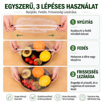 PKNEW® Rugalmas ételtakaró tálakhoz és tányérokhoz 👑 – Nyújtható konyhai védőhuzat maradékokhoz, gyümölcsökhöz, zöldségekhez és mindennapi élelmiszertároláshoz 💎