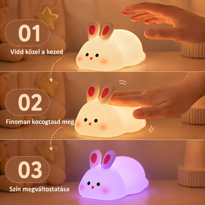 PKNEW® 7 színű érintős szilikon éjszakai lámpa alváshoz 🌙 – Kellemes tapintású, USB-ről tölthető, nyuszi és panda változatban is elérhető 💕