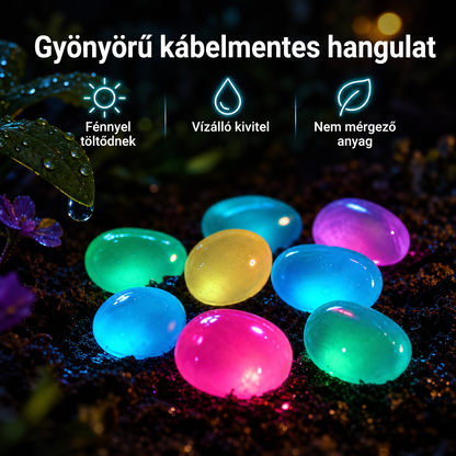 PKNEW® Fényre töltődő világító kerti kövek 👑 – színes éjszakai ragyogás kábelek és elemek nélkül, vízálló dekoráció ösvényekhez, virágcseréphez, ágyásokhoz, teraszhoz és medencék környékére 💎