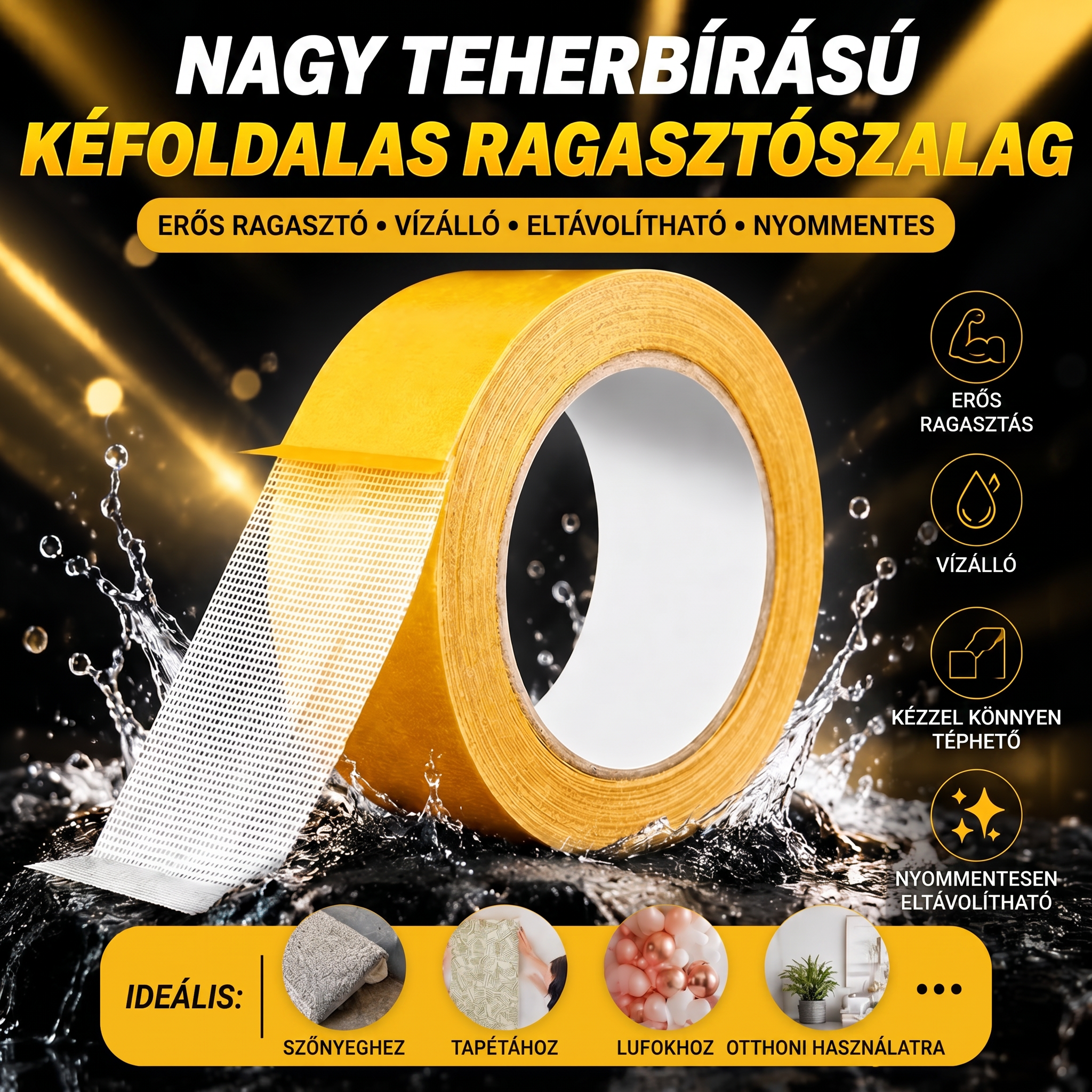 🔥🔥PKNEW® Nagy teherbírású kétoldalas ragasztószalag🍇, erős tapadás, vízálló és eltávolítható, nyom nélkül, ideális szőnyeghez, tapétához, lufikhoz és otthoni használatra 🔥