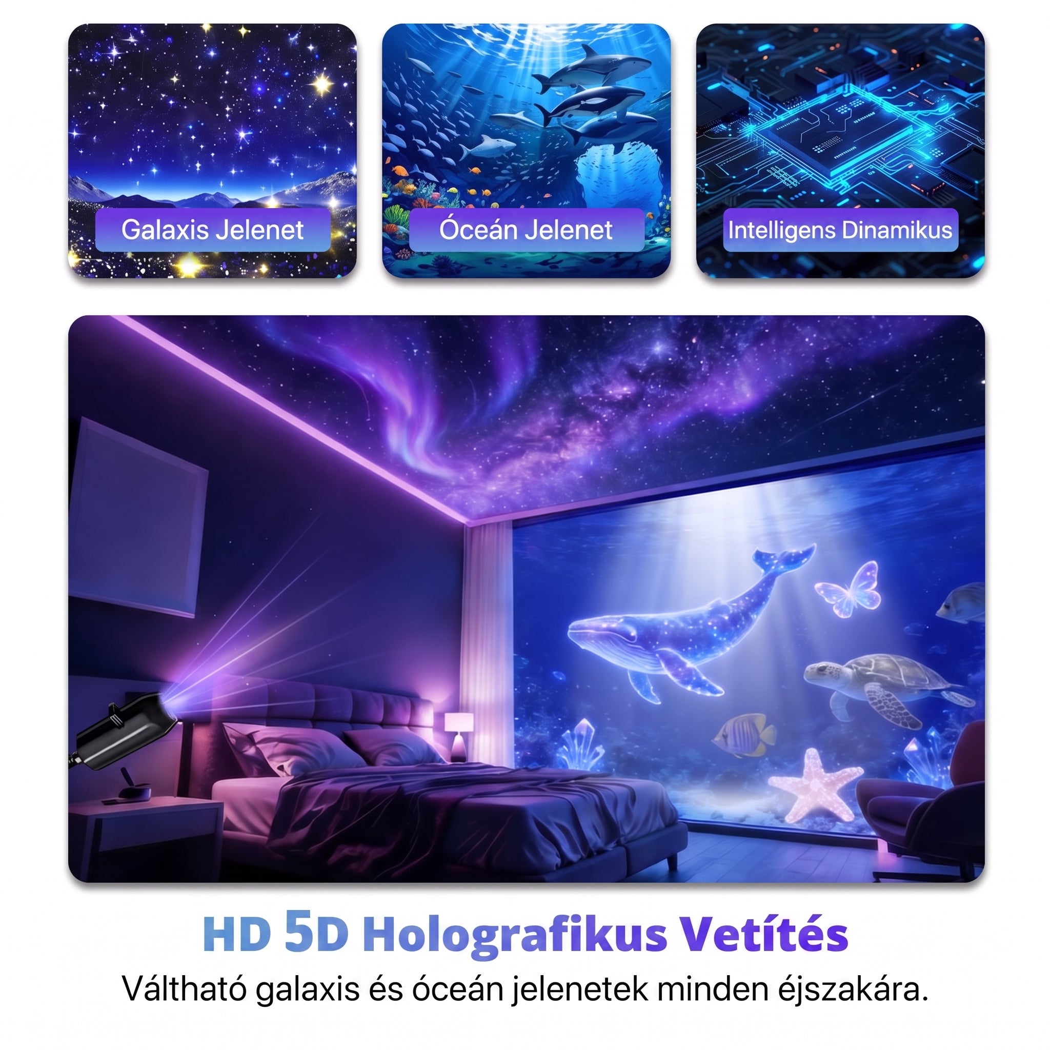 PKNEW® 🦄 ÚJGENERÁCIÓS SMART HD PROJEKTOR – Dinamikus 5D Holografikus Éjszakai Fényvetítő 💎