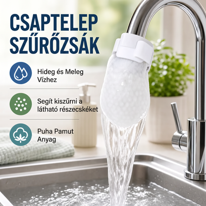 PKNEW® Csaptelep szűrőzsákok – 50 darabos eldobható pamut csapvízszűrő a tisztább vízért, fröccsenésgátlással és üledékvédelemmel 🚰