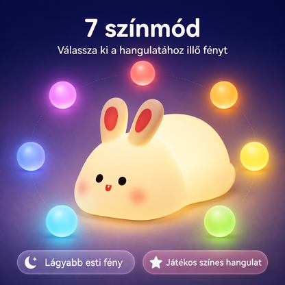 PKNEW® 7 színű érintős szilikon éjszakai lámpa alváshoz 🌙 – Kellemes tapintású, USB-ről tölthető, nyuszi és panda változatban is elérhető 💕