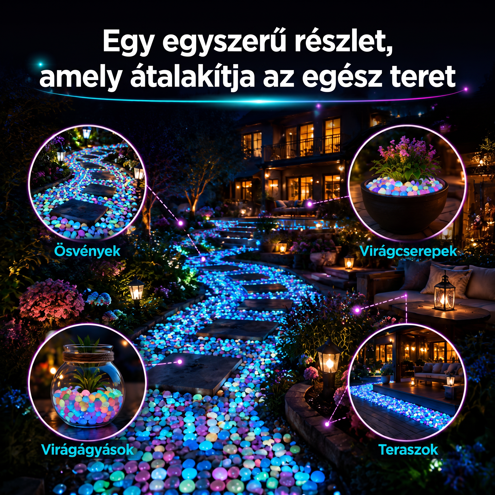 PKNEW® Fényre töltődő világító kerti kövek 👑 – színes éjszakai ragyogás kábelek és elemek nélkül, vízálló dekoráció ösvényekhez, virágcseréphez, ágyásokhoz, teraszhoz és medencék környékére 💎